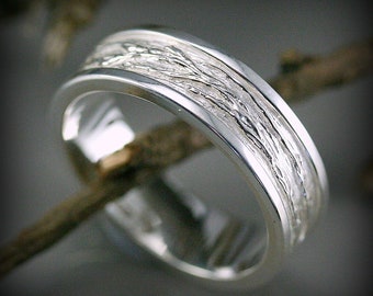 Sterling silver tree branch textured men ring