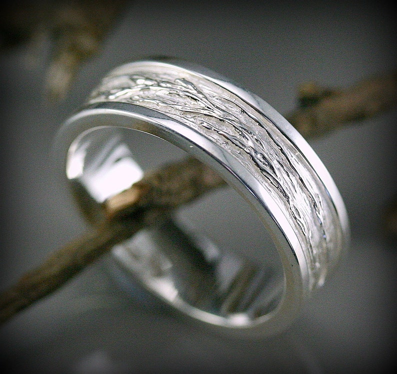 Sterling silver tree branch textured men ring image 1