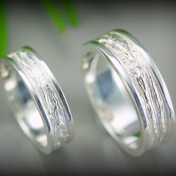 Silver wedding leaf branch tree ring set for men and women