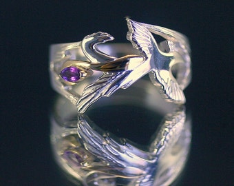 Gold and silver bird ring, phoenix bird ring, bird of fire ring, amethyste ring, women symbolic jewelry, women ring, artistic jewelry