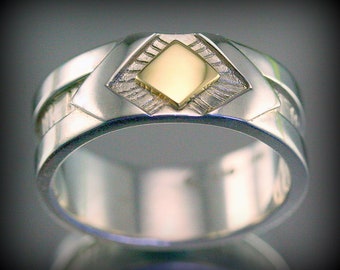 Ägyptischer Herrenring, großer Herrenring, Herren-Weißgoldring, Herren-Ehering, einzigartiger handgefertigter Ring, massiver Goldring, Silber- und Goldring