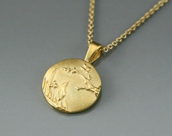 Solid gold round pendant, gold  landscape necklace, gold medallion necklace, landscape jewelry, bird jewelry, unique necklace, handmade