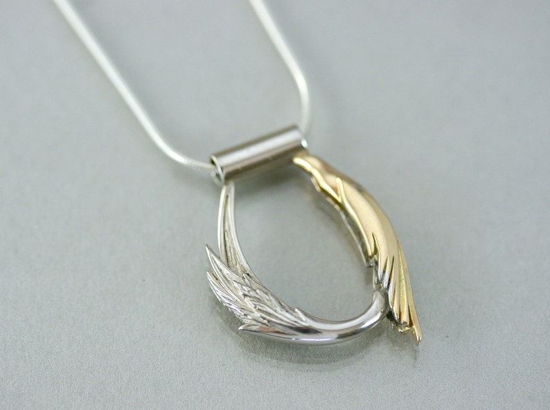 Silver and gold bird necklace, Phoenix necklace, bird jewelry, handmade gift, artistic creation, original design, phoenix jewelry image 1