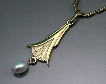 Gold Art nouveau necklace, gold and pearl art nouveau necklace, Lotus flower egyptian pendant, gold lotus, symbolic women jewelry