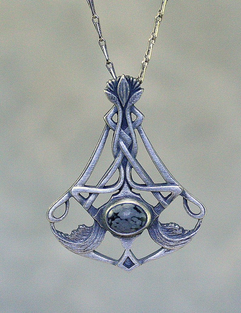 Art nouveau pendant with stone, pewter art nouveau pendant, celtic pewter necklace, obsidienne stone, art nouveau style, symbolic jewelry image 5