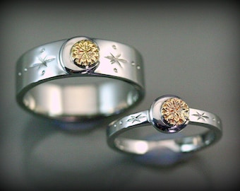 Sun and moon wedding silver and gold ring set for men and women