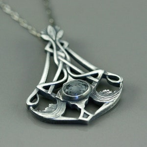 Art nouveau pendant with stone, pewter art nouveau pendant, celtic pewter necklace, obsidienne stone, art nouveau style, symbolic jewelry image 3