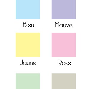 May include: Six color swatches labeled in French: blue, mauve, yellow, rose, green water, and taupe.