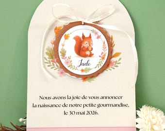 Faire-part "animaux enchantés bébé écureuil et couronne fleurie”