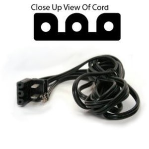 May include: Close up view of a black electrical cord with a three-prong plug.