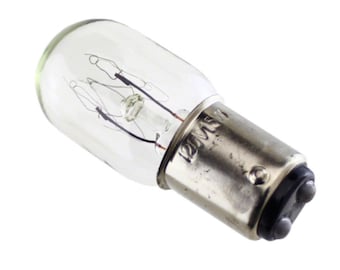 May include: A clear glass light bulb with a silver base and black details. The bulb has two filaments visible inside. The base of the bulb has the text "12V 15W".