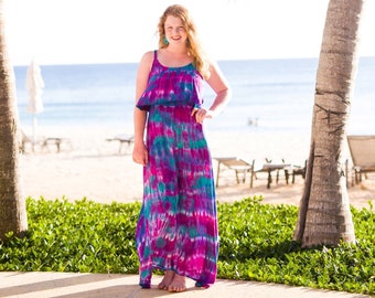 Tie Dye Maxi Dress – Bohemian Rayon Gauze Flounce, Sizes XS-3XL