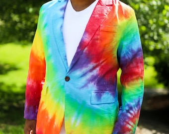 Rainbow Tie Dye Men's Blazer - Linen Blend Wedding Sport Coat