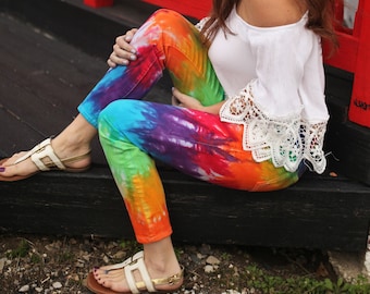 Rainbow Tie Dye Women's Jeans – Soft & Stretchy Festival Pants