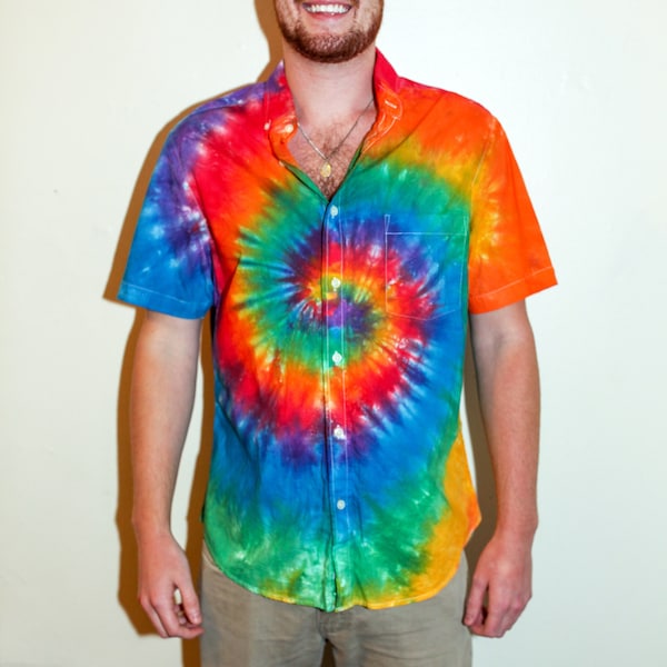 Tie Dye Men's Dress Shirt -  Tie Dye Short Sleeved Button Down Shirt - Hippie - Formal Tie Dye - Sizes: S-4XL