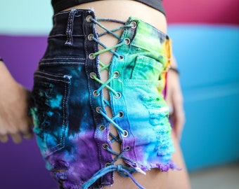 Tie Dye Women's Jean Shorts - Ripped Denim Shorts  - Hippie - Sizes:S-3XL - Festival Fashion - Hippie