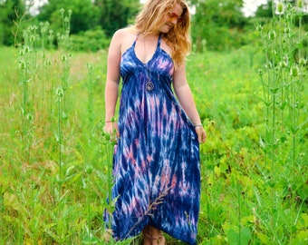 Tie Dye Women's Dress - Endless Summer Halter Dress - Low cut Back - Sizes: XS-3X - Shibori Dress - Boho Chic