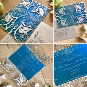 Beach wedding laser cut gatefold invitation Ariel mermaid to shell nautical party image 2