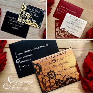 Steampunk Save the Date card laser cut pocket with gear for Sci-Fi wedding