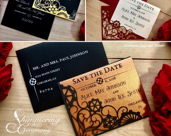 Steampunk Save the Date card laser cut pocket with gear for Sci-Fi wedding