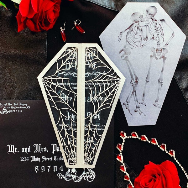 coffin gatefold laser cut wedding invitation shaped gothic invite spider webs halloween skeleton party