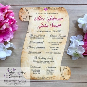 May include: A wedding ceremony program with a scroll design. The program is printed on parchment paper with a vintage look. The program includes the names of the bride and groom, Alice Johnson and John Smith, the date of the wedding, February 23rd, 2016, and the names of the wedding party.