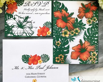 Hawaiian Hibiscus laser cut wedding invitation tropical floral and leaves cut paper flower invite Hawaii theme