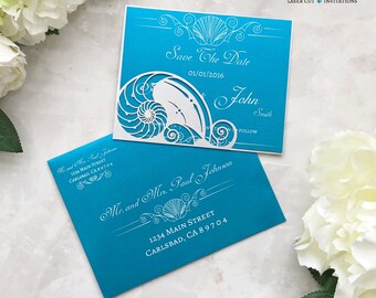 Beach Save the Date card Shell laser cut pocket for Mermaid wedding event