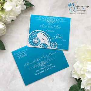 Strand Save the Date Karte Muschel Laser cut Tasche für Meerjungfrau Hochzeit Event