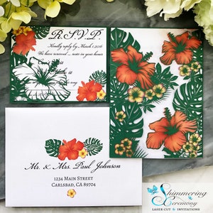 Hawaiian Hibiscus laser cut wedding invitation tropical floral and leaves cut paper flower invite Hawaii theme