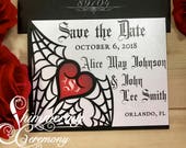 Spiderweb Save the Date card laser cut heart pocket for Gothic wedding event