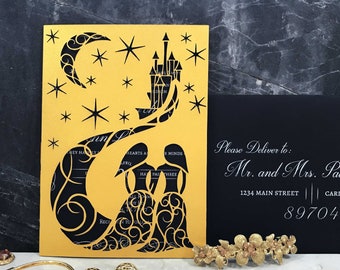 Fairytale starry night laser cut wedding invitation blue night with moon two brides fairy tale castle gay lesbian LGBT