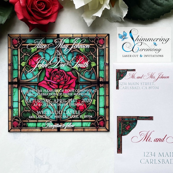 Rose Stained Glass Square Acrylic Wedding Invitation fairytale princess invite Sweet Sixteen Beauty Bell