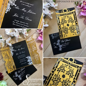 Faire-part de mariage gatefold d&#39;inspiration japonaise avec porte de jardin en fleurs de cerisier et arches zen