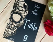 Skull Laser Cut Table Numbers Day of the Dead paper halloween sugar skull with easels included customizable