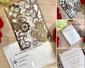 Steampunk wedding invitation laser cut gears and hearts cut gatefold victorian escape room party unique style