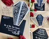 coffin gatefold laser cut wedding invitation shaped gothic invite spider webs halloween skeleton party