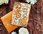 Steampunk wedding invitation laser cut gears and hearts cut gatefold victorian escape room party unique style