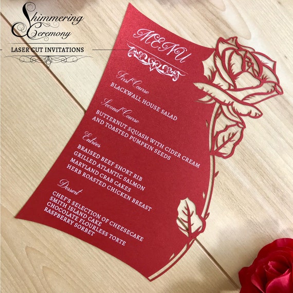 Schönheit und das Tier Menü Karte mit Laser geschnitten Tasche Rose Hochzeit Briefpapier Schönheit und das Tier Menü Karte mit Laser geschnitten Tasche Rose Hochzeit Briefpapier