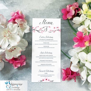 Tarjeta de menú de flor de cerezo Tarjeta de menú de boda personalizada de diseño floral rosa japonés impreso