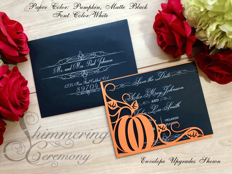 Pumpkin inspired Save the Date laser cut card pocket for cinderella or fall wedding