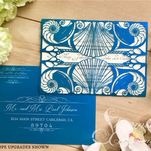 Beach wedding laser cut gatefold invitation Ariel mermaid to shell nautical party image 4