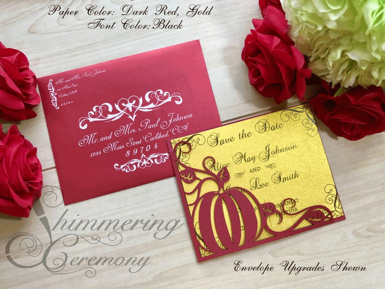 Pumpkin inspired Save the Date laser cut card pocket for cinderella or fall wedding