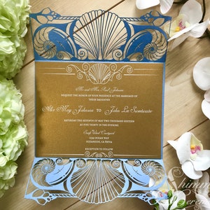 Beach wedding laser cut gatefold invitation Ariel mermaid to shell nautical party image 6