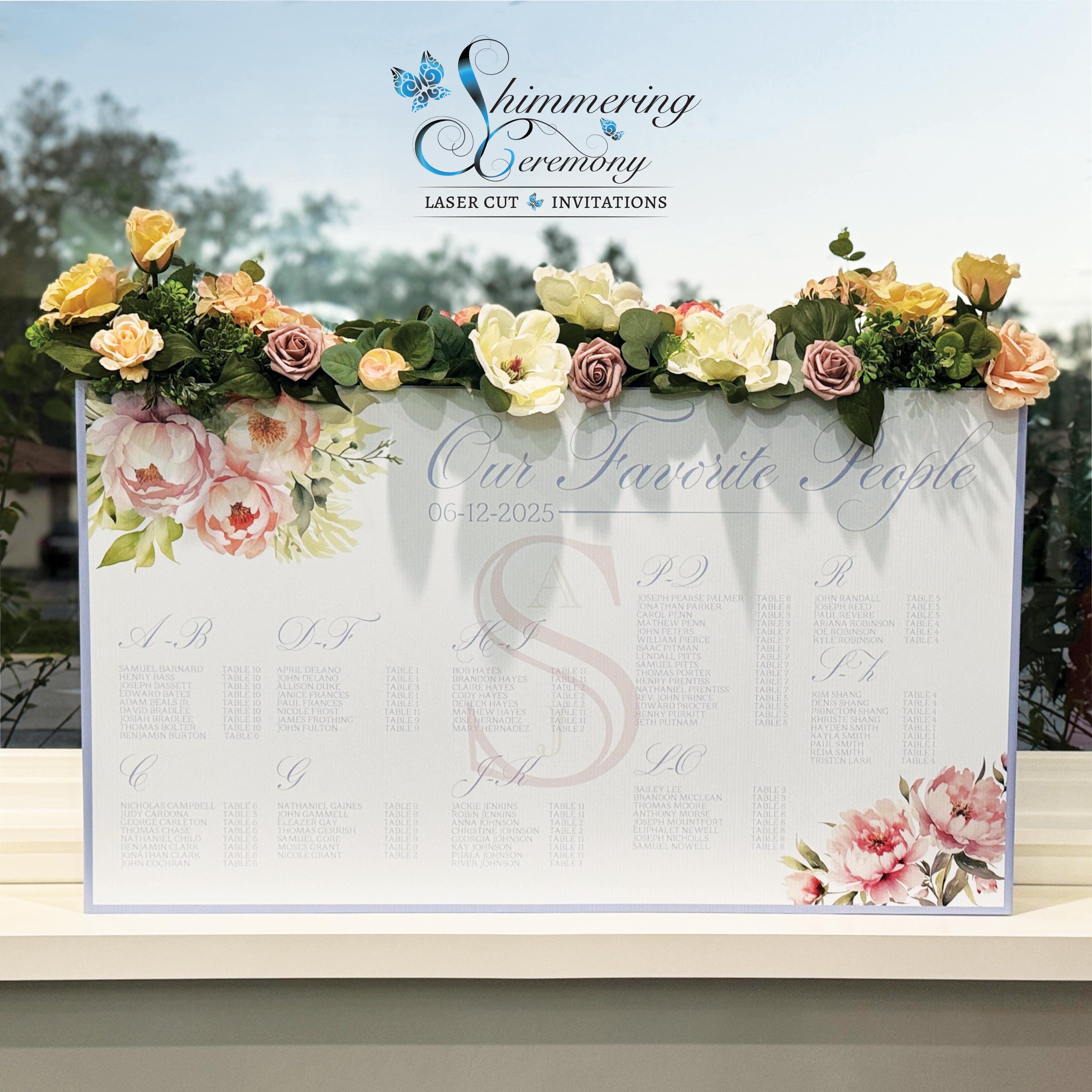 Blau und Rosa Pfingstrose Sitzplan Blumenkasten Zeichen Frühling Hochzeit UV gedruckt Blumenarrangement
