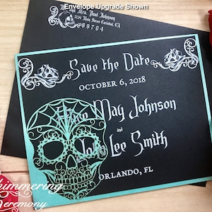 Day of the Dead Save the Date Karte lasergeschnittene Sugar Skull Tasche für Gothic Hochzeit Event