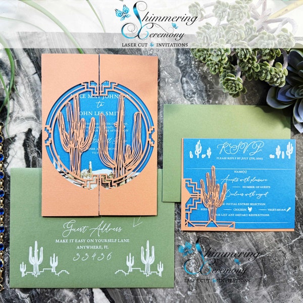 Southwestern Saguaro cactus wedding gatefold invitation Desert Canyon party laser cut invite party