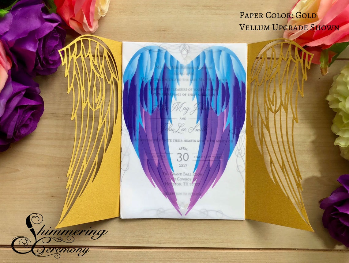 Angel Wings laser cut christening invitation gold gatefold | Etsy