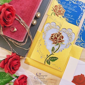 Beauty and the beast inspired wedding invitation laser rose and magic cut gatefold princess party unique