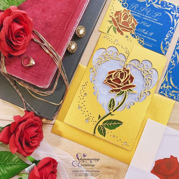 Beauty and the beast inspired wedding invitation laser rose and magic cut gatefold princess party unique